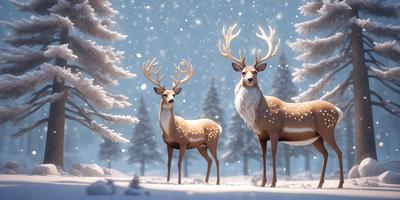 Primary subject: Two deer standing in the snow.

Setting/background: The deer are standing in a snowy forest, surrounded by trees.

Visual style: The image is a digital art or illustration of the two deer.

Colors and mood: The image is in black and white, giving it a classic and serene atmosphere.